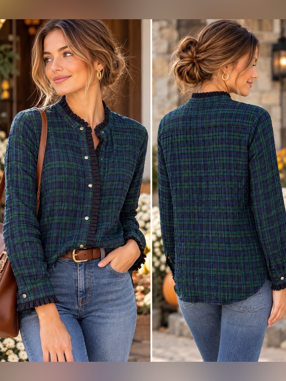 J.McLaughlin Black Watch Tartan Plaid Ruffle Button Down Blouse M heritage prepp